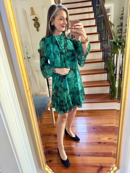 I bought this dress on clearance last spring from Belk! Wearing for the first time to church. Would be a pretty holiday dress with gold sandals as well! Still available online in a few sizes. Wearing a size 6. #belk #holidaydress #falldress #greendress 

#LTKHoliday #LTKstyletip #LTKover40