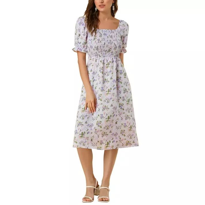 Allegra K Women's Smocked Floral Square Neck Short Puff Sleeve Summer Midi Dress | Walmart (US)