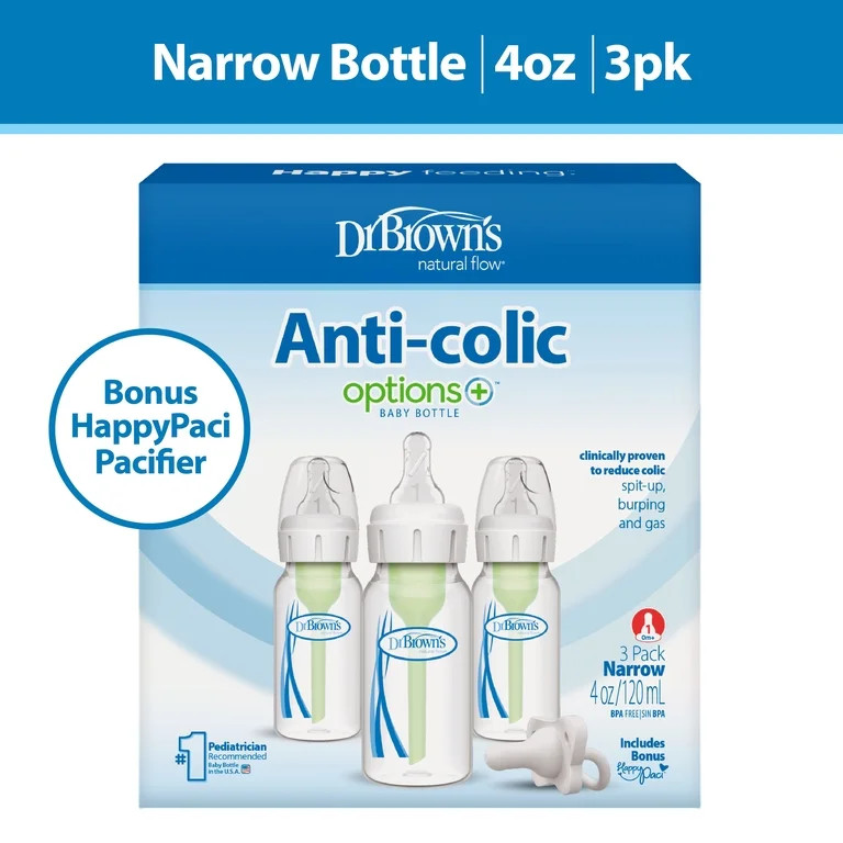 Dr. Brown\u2019s Natural Flow Anti-Colic Options+ Narrow Baby Bottle, 4oz, Slow Flow, 0m+, 3 Pack | Walmart (US)