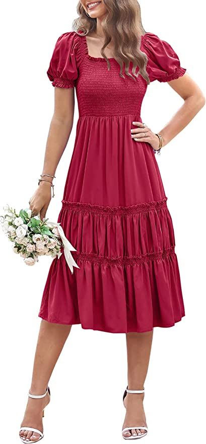 KIRUNDO 2023 Spring Summer Women's Casual Square Neck Smocked Midi Dress Short Puff Sleeve Ruffle... | Amazon (US)