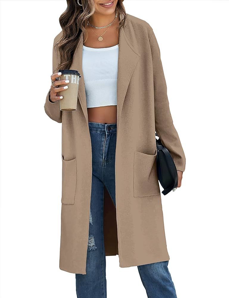 MEROKEETY Women's Long Sleeve Lapel Open Front Cardigan Coat Casual Knit Sweater with Pockets | Amazon (US)