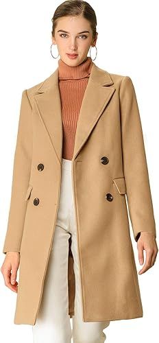Amazon.com: Allegra K Women's Notch Lapel Double Breasted Belted Mid Long Outwear Winter Coat : C... | Amazon (US)