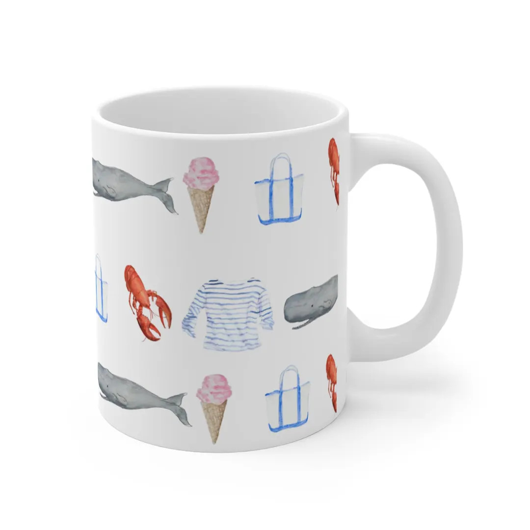 Whimsical Coastal-Themed 11oz Mug, Original Watercolor Art Print Preppy Mug, Nautical Gift,  Whal... | Etsy (US)