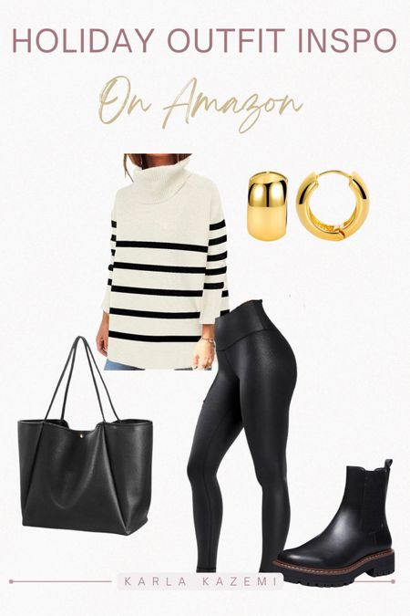 Quick and easy outfit inspo! Perfect Christmas outfit, stay nice and comfy and cozy while still looking chic✨❤️ 
All of these pieces arrive before the 24th!!





Outfit inspo, Christmas outfit ideas, Holiday outfit inspo, last minute holiday outfit, midsize holiday outfit inspo, midsize outfit idea, Faux leather leggings, CRZ leggings, chunky cozy sweater, chic sweater, chic slouch bag, chunky gold hoop earrings, black lug boots, Amazon fashion, amazon finds.

#LTKparties #LTKmidsize #LTKHoliday