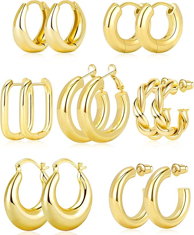 Adoyi 7 Pairs Gold Hoop Earrings Set for Women Chunky Gold Hoops Twisted Huggie Hoop Earrings 14K... | Amazon (US)