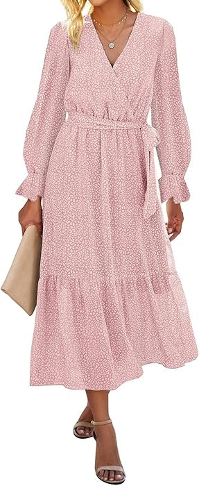 BTFBM Women's Casual Dresses Long Sleeve Wrap V Neck Floral Print Bohemian Swing A-Line Pleated Hem  | Amazon (US)