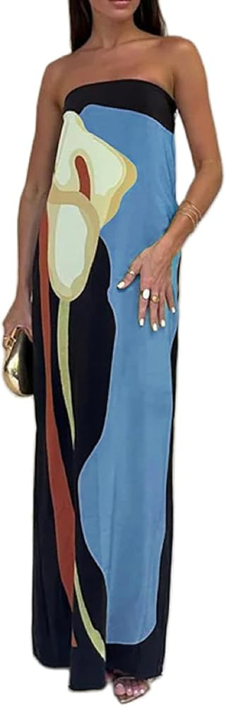 Aonoapll Women Y2k Tube Maxi Dress Strapless Floral Print Bodycon Long Dress Backless Off Shoulde... | Amazon (US)