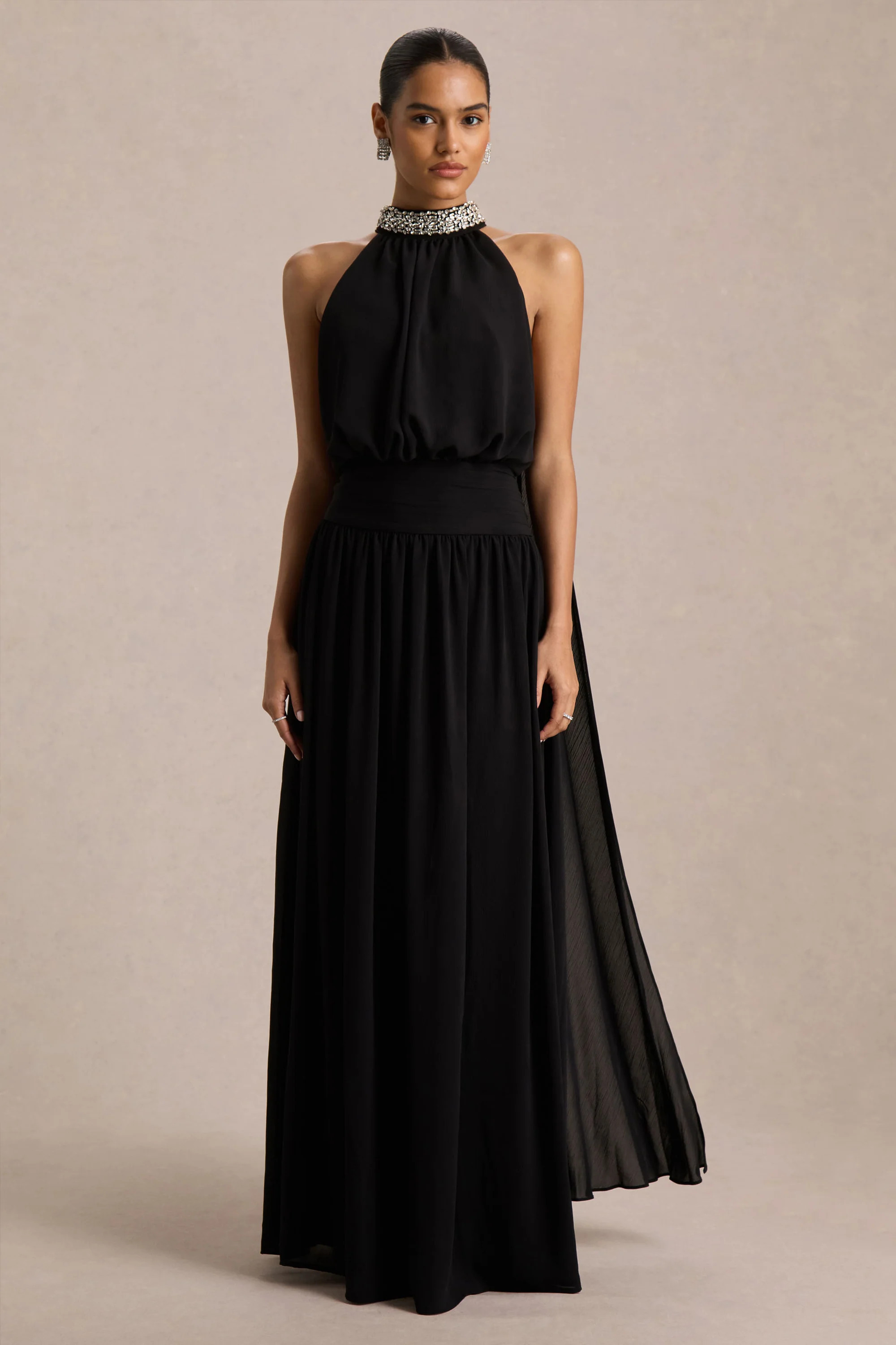 Marie  Black Halter-Neck Maxi Dress With Embellished Detailing | Club L London