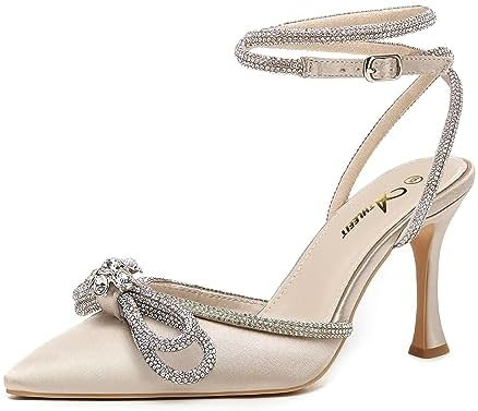 Athlefit Women's Rhinestone Bow Heels Ankle Strap Pointed Toe Stiletto Heeled Sandals Wedding Bri... | Amazon (US)