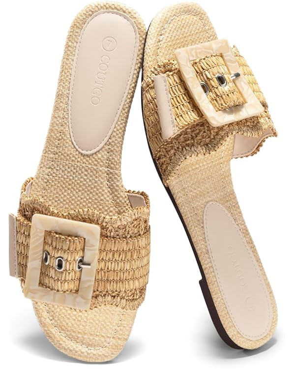 Coutgo Womens Flat Sandals Raffia Slip On Slide Sandal Square Open Toe Buckle Summer Beach Shoes ... | Amazon (US)
