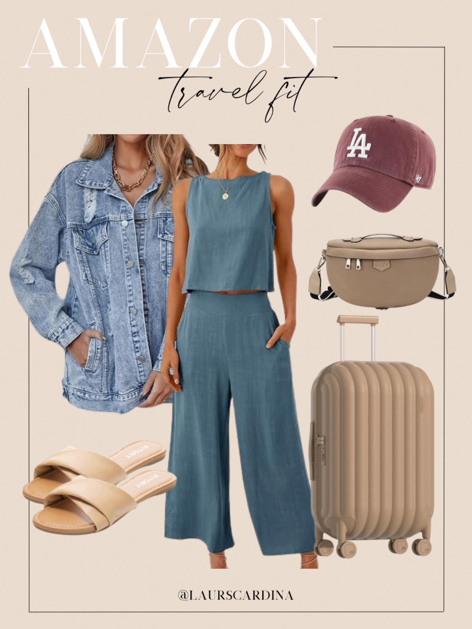 This travel outfit is all from Amazon and includes a two-piece sleeveless top and pant set, oversized denim jacket, nude flats, a tan belt bag, LA hat, and a nude carry on suitcase. 

Ootd, travel style, comfortable travel outfit, Amazon fashion

#LTKshoecrush #LTKfindsunder50 #LTKstyletip