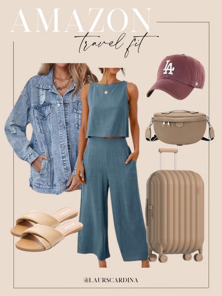 This travel outfit is all from Amazon and includes a two-piece sleeveless top and pant set, oversized denim jacket, nude flats, a tan belt bag, LA hat, and a nude carry on suitcase. 

Ootd, travel style, comfortable travel outfit, Amazon fashion

#LTKshoecrush #LTKfindsunder50 #LTKstyletip