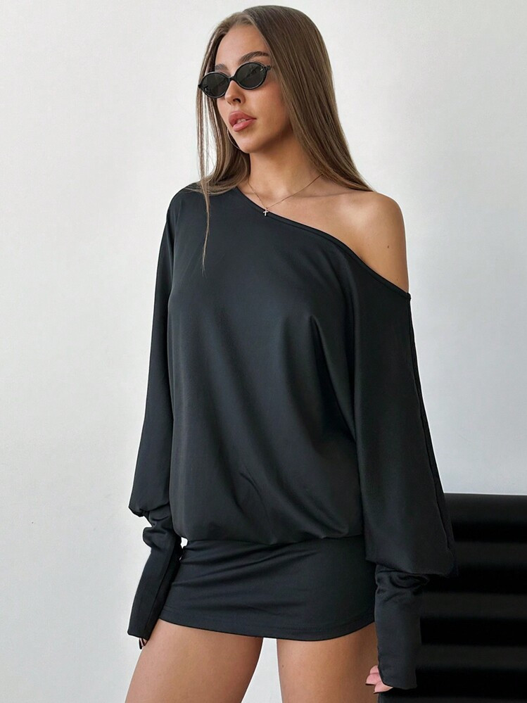 Aloruh Sexy Slash Shoulder Long Sleeve Form-Fitting Mini Dress, Streetwear Style For Music Festival,Summer Dresses For Women | SHEIN