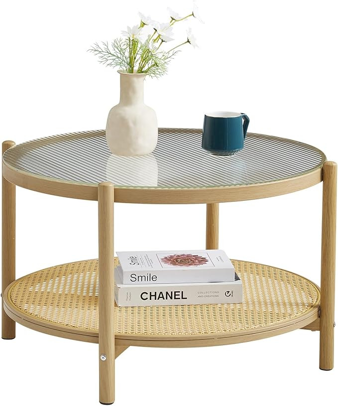 COSVALVE 27.5" Boho Rattan Coffee Table, Round Glass Metal Center Table, Modern Simple 2 Tier Mid... | Amazon (US)