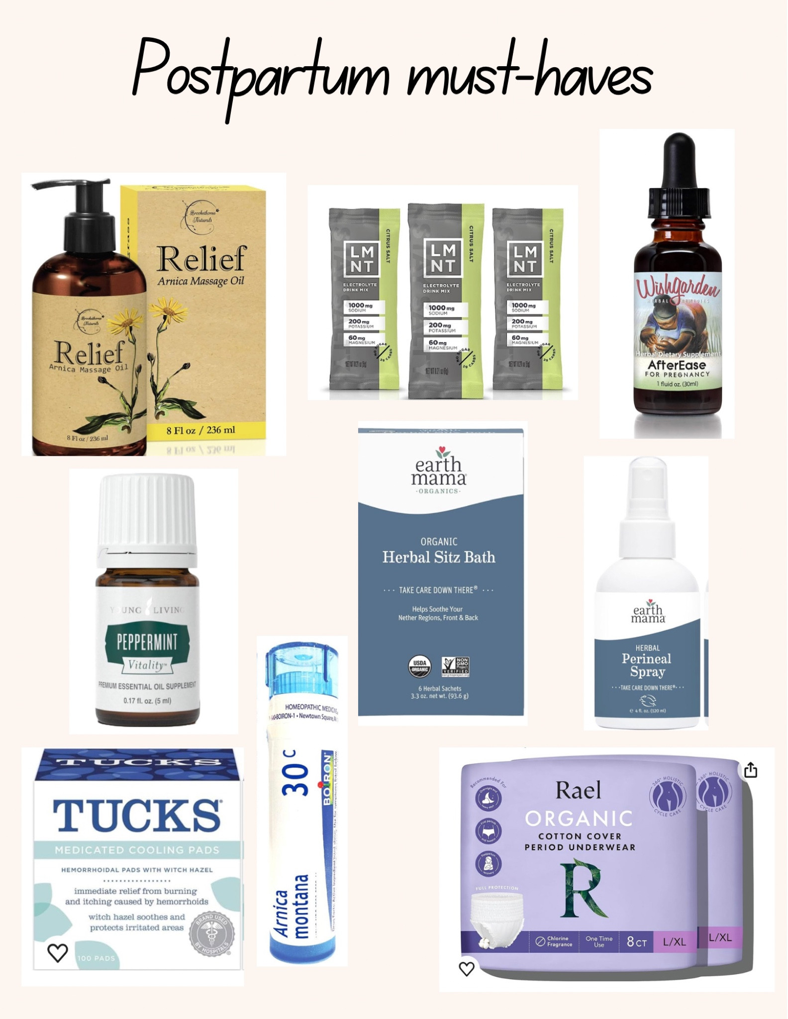 Postpartum care is something that isn’t talked about enough but preparing for it can help so much! Here’s the Amazon finds I swear by:

Arnica oil - arnica is a natural pain reliever & birth will wear you out! I was so sore in my neck and back after my last labor so having my husband rub this on me at night before bed for the first few weeks was a game changer!

LMNT - as seen in my pregnancy must-haves post. This is the electrolyte powder you need for every day in your life but ESPECIALLY during pregnancy, labor, & pp.

After ease - This is an herbal tincture that will help those afterbirth contractions that come with placenta delivery and breastfeeding. You can drop this right into your mouth and chase with water. They ease the pain instantly! 

Peppermint oil - essential oil quality is everything so I only use Young Living oils! Peppermint oil is a natural icy hot! So you get that cooling sensation that comes with pain relief. I put this in a roller ball and rub it on my neck and back for cooling down during labor and also for pp soreness.

Herbal sitz bath - I brew this herbal tea and pour it straight into the bathtub to soak for healing my perineum. It’s soothing and nourishing for you lady parts. I soaked in this bath a couple times a week during the first couple weeks. 

Perineum spray - Use this after you wipe for those post partum (pp) pees & poops! Its soothes and heals your perineal area whether you had years or not. I bought a 2 pack last time and it lasted me perfectly until I felt like I didn’t need it anymore. 

Tucks pads - DO NOT wipe your vagina or butt with toilet paper for the first several days or even a couple weeks post partum. It hurts! Tucks pads are like using baby wipes but they’re healing and refreshing!

Arnica tablets- I use this for the same reason I use arnica oil… arnica relieves pain! Take these orally!

Rael diapers - we need clean fragrance free diapers just like our babies do for that immediate pp! You DO NOT want artificial fragrance & chemicals on your perineum while it’s trying to heal. 

#LTKbump #LTKhome #LTKbaby