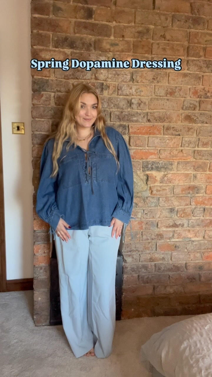 Spring Dopamine Dressing 🤍🫶🏻 midsize spring outfit ideas 🌼 denim shirt with blue trousers 

#midsizestyle #midsizefashion #dopaminedressing #springoutfits #spring #galslovehighstreet #denimshirt #bluetrousers