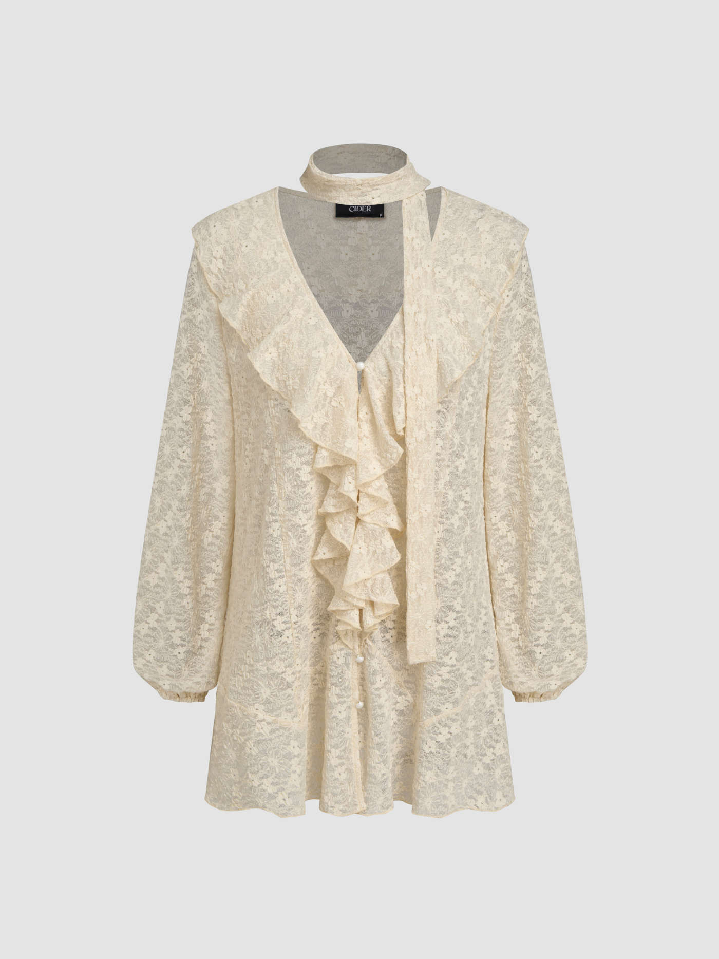 Chiffon V-neck Lace Ruffle Hem Long Sleeve Blouse With Scarf | Cider