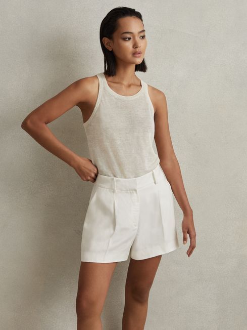 Reiss White Lori Viscose-Linen Front Pleat Suit Shorts | Reiss UK