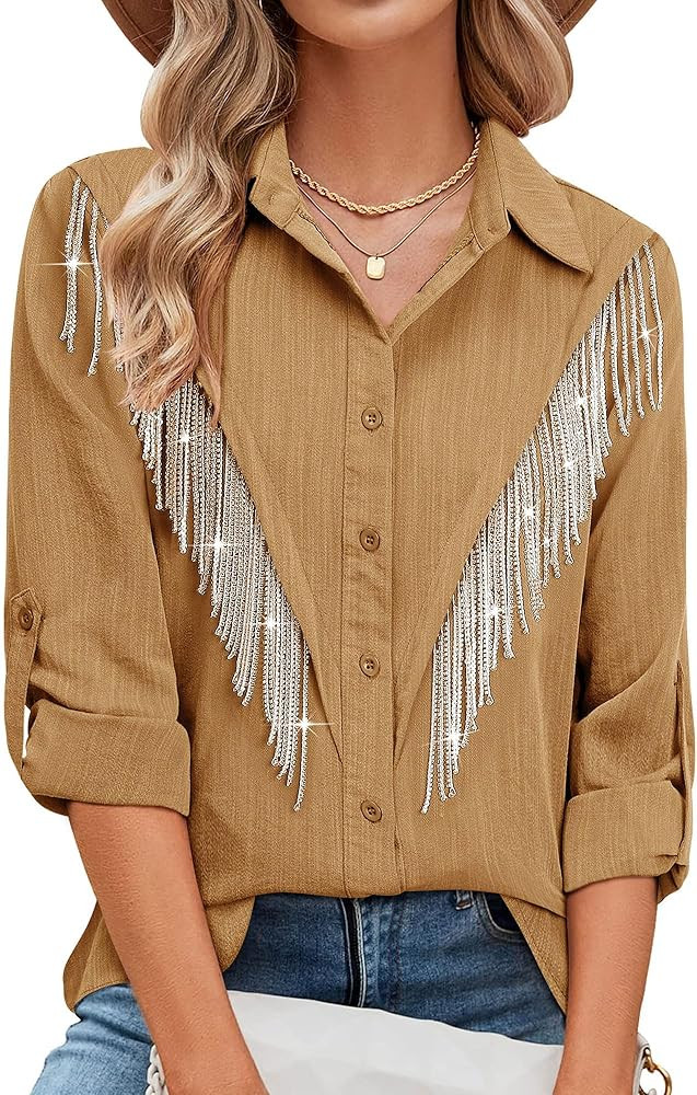 MYMORE Womens Sparkly Fringe Button Down Shirt Rolled 3/4 Sleeve Top Country Concert Nashville We... | Amazon (US)