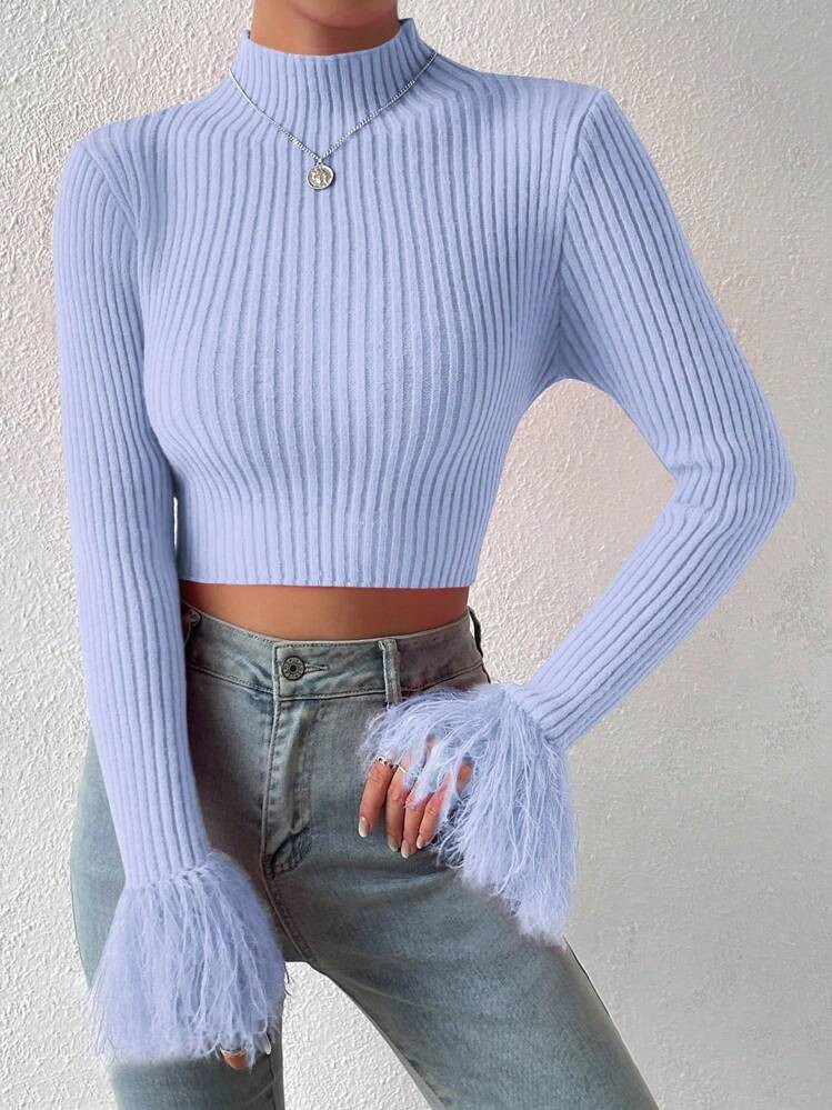 SHEIN Clasi Casual Daily Classic Solid Color Ribbed Knit Patchwork Plush Cuff Sweater, Autumn/Winter Knit Pullover Fall | SHEIN