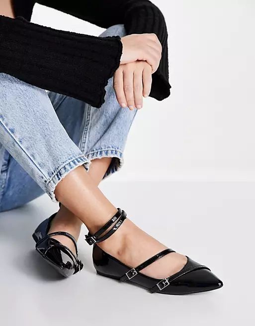 ASOS DESIGN Ludo strappy pointed ballet flats in black patent | ASOS (Global)