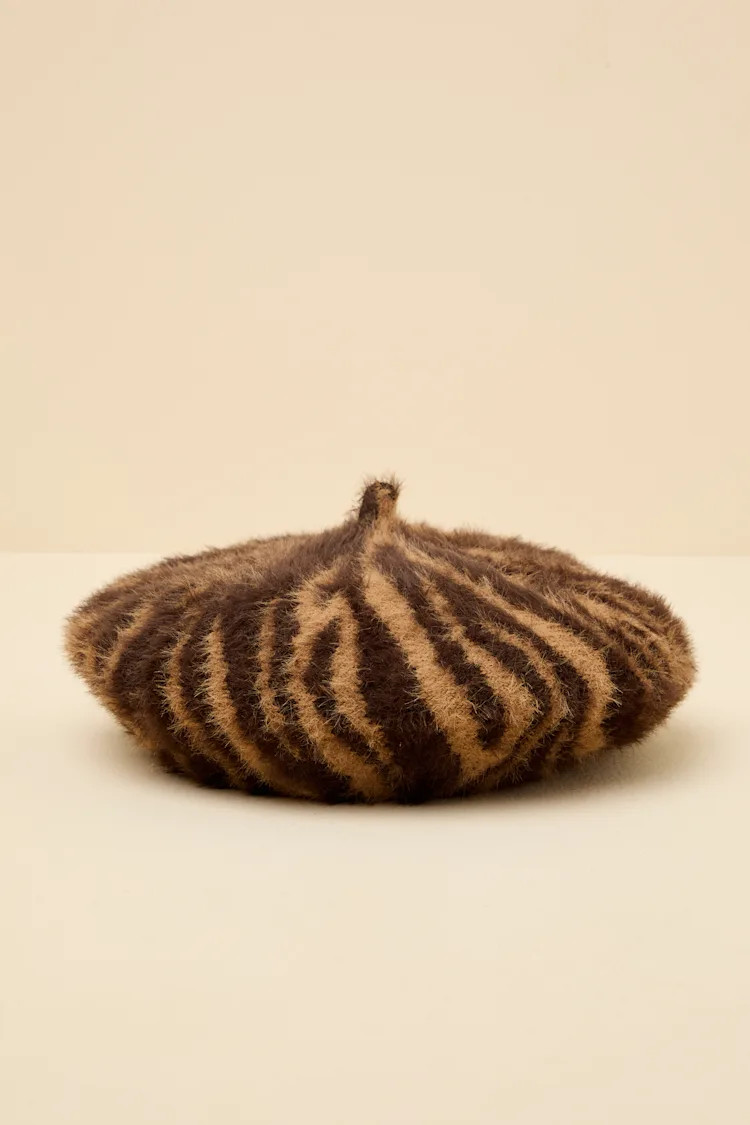 Dashwood Brown Animal Print Fuzzy Knit Beret | Lulus