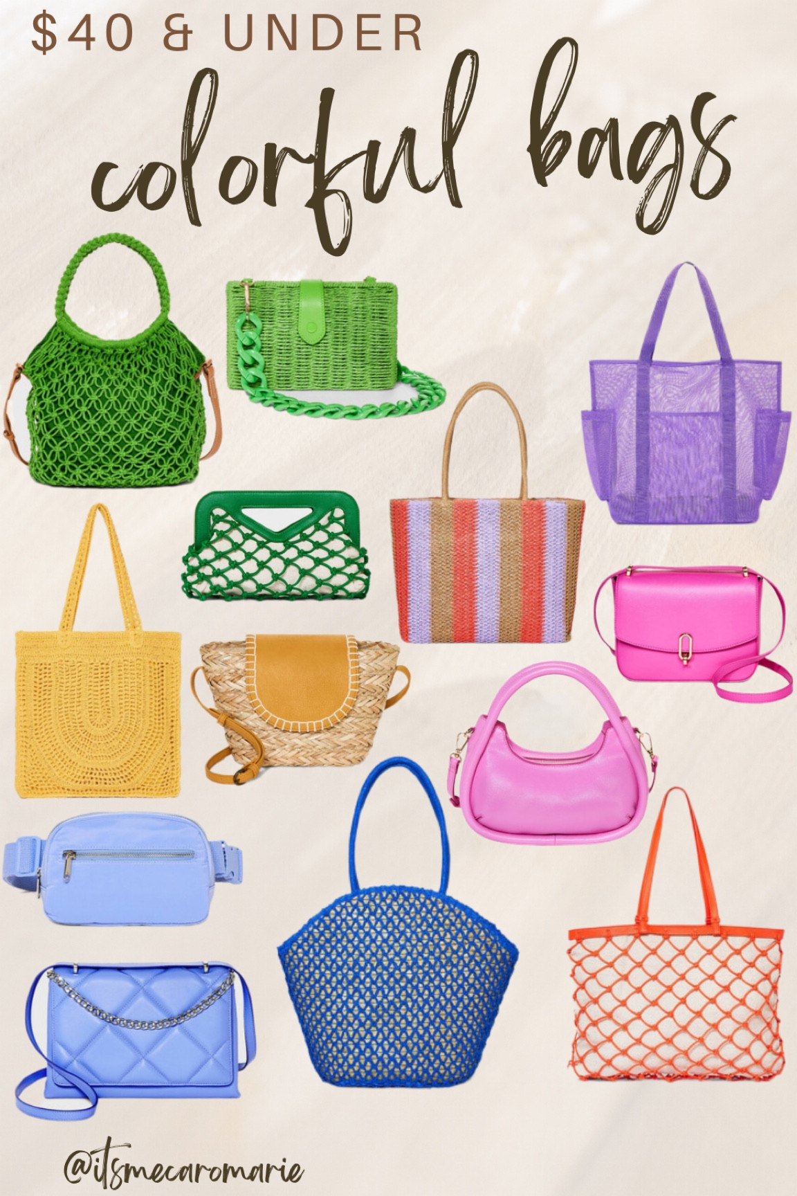 Colorful spring and summer handbags under $40✨ 
crochet, pleather, woven, cross body bag, tote bag, work bag, beach bag, color, bold, trendy, green, blue, yellow, purple, pink 


#LTKSeasonal #LTKunder50 #LTKitbag