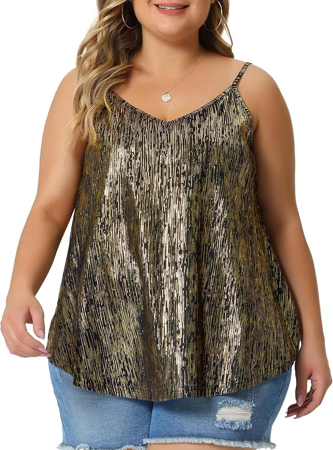 Agnes Orinda Plus Size Sequin Tank Tops for Women V Neck Bronzing Glitter Cami Sleeveless Camisol... | Amazon (US)