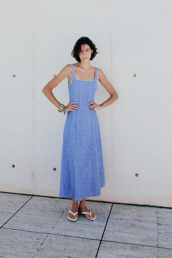 Zara - Linen Blend Midi Dress With Lace Trim - Light Blue - M - Woman | Zara UK