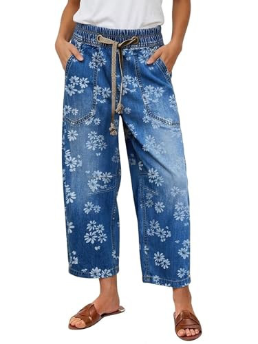 Flamingals Barrel Leg Mid Rise Jeans for Women Floral Print Casual Drawstring Elastic Denim Pants with Patch Pockets Mid Blue 2XL | Amazon (US)