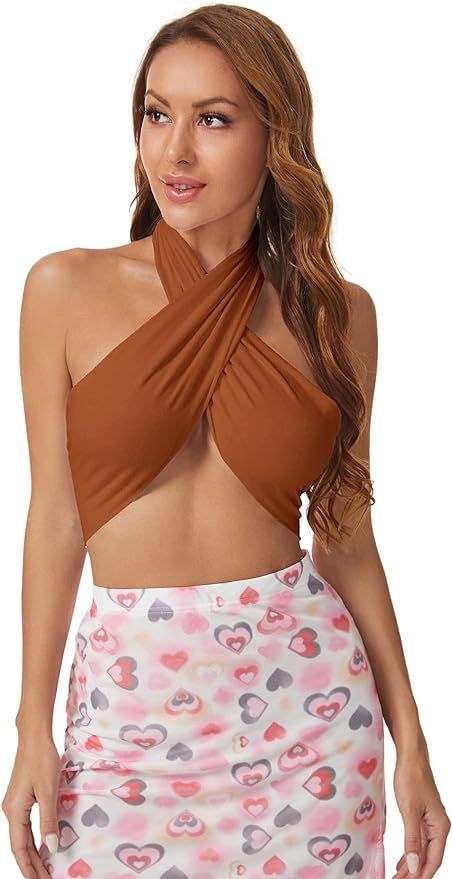 Verdusa Women's Sexy Sleeveless Halter Criss Cross Self Tie Backless Crop Top | Amazon (US)