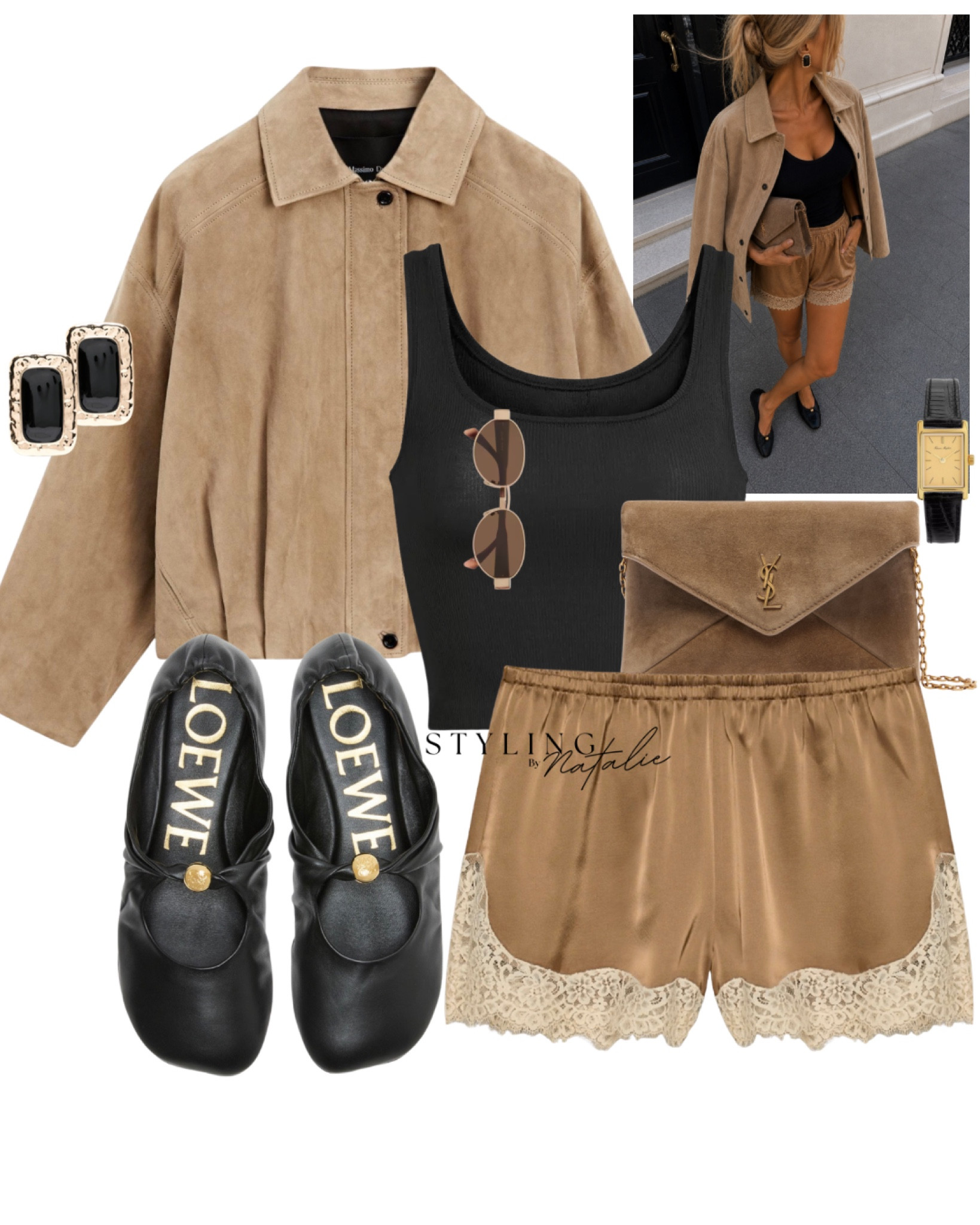Spring outfit 
Suede bomber jacket, satin & lace shorts, black vest top, skims, Loewe ballet flats, suede Saint Laurent clutch bag, date night, London style, neutral outfit 

#LTKuk #LTKspring #LTKdatenight