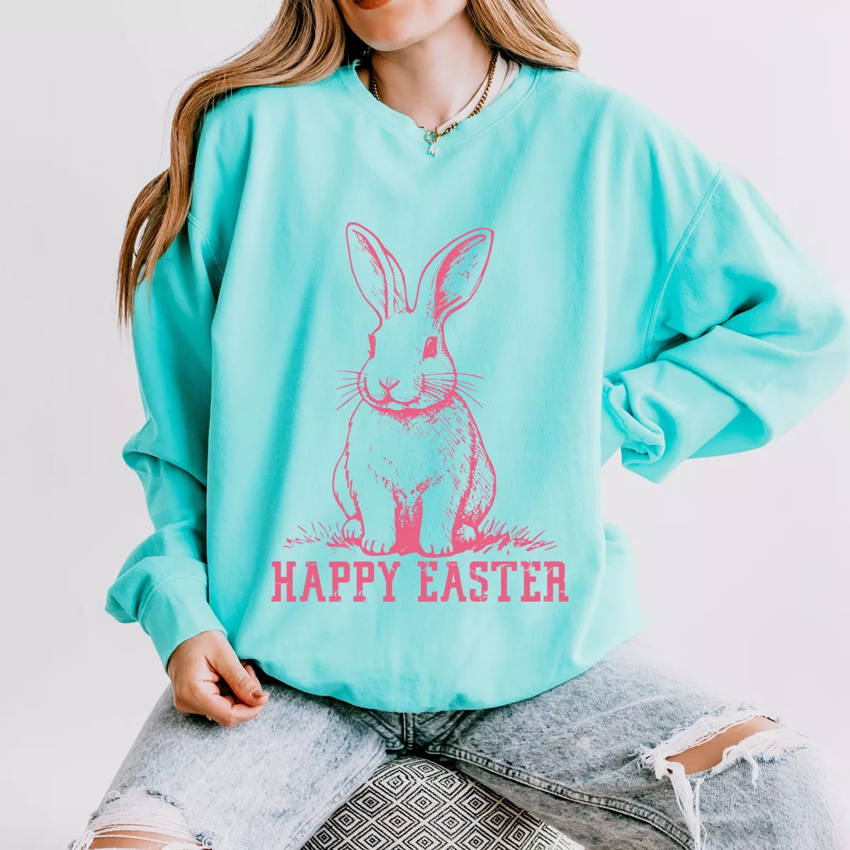 Simply Sage Market Happy Easter Bunny Outline Lightweight Garment Dyed Sweatshirt - L - Chalky Mi... | Target