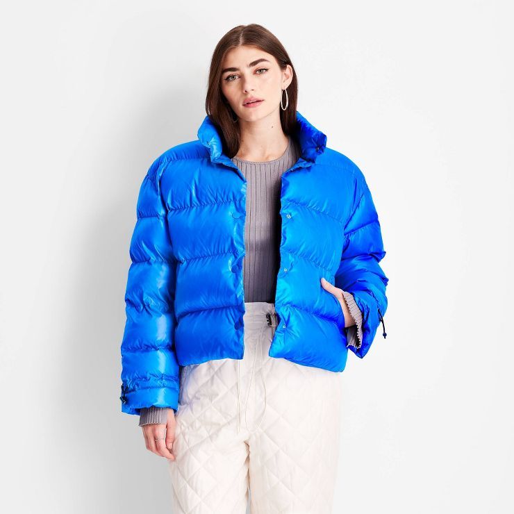 Women's Glossy Puffer Jacket - Future Collective™ with Kahlana Barfield Brown Blue | Target