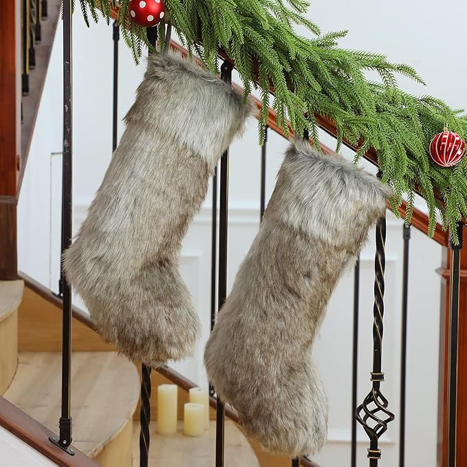Realspring 2 Pcs 20 Inch Christmas Stocking Faux Fur Stocking Grey Brown Socks Xmas Fireplace Han... | Amazon (US)
