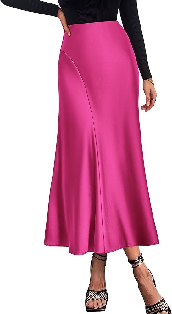 PRETTYGARDEN Womens Midi Skirts Summer High Waisted Ruffle A Line Satin Mermaid Skirt | Amazon (US)