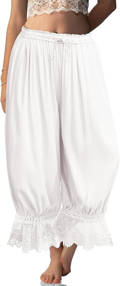TARSE Womens Linen Lace Trim Long Bloomers Pants with Pocket | Amazon (US)