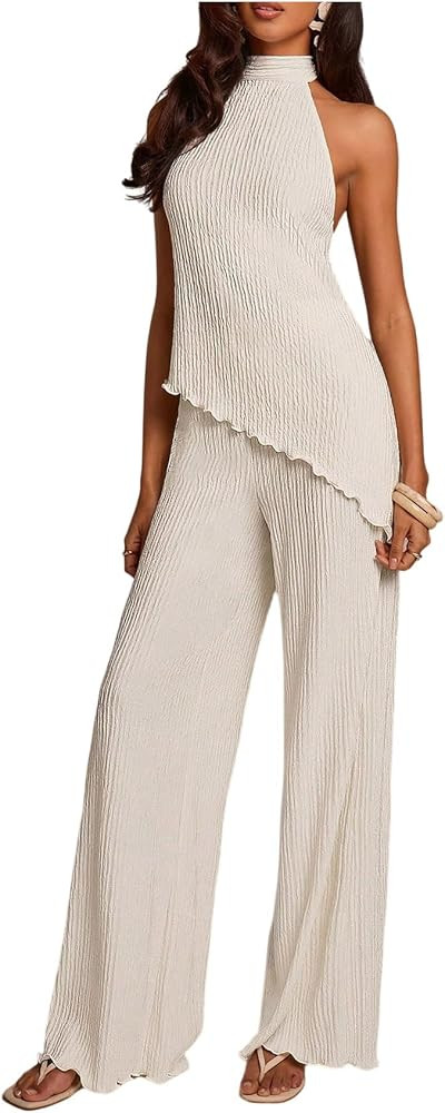 MakeMeChic Women's 2 Piece Set Asymmetrical Halter Tops Pants Sets | Amazon (US)