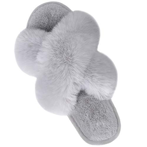 Parlovable Women's Cross Band Slippers Soft Plush Furry Cozy Open Toe House Shoes Indoor Outdoor Faux Rabbit Fur Warm Comfy Slip On Breathable Grey 5-6 | Amazon (CA)