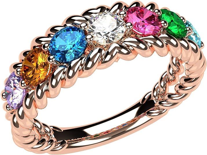 Rope Mothers Ring with 1 to 10 Simulated Birthstones, Sterling Silver or 10K Gold | Amazon (US)