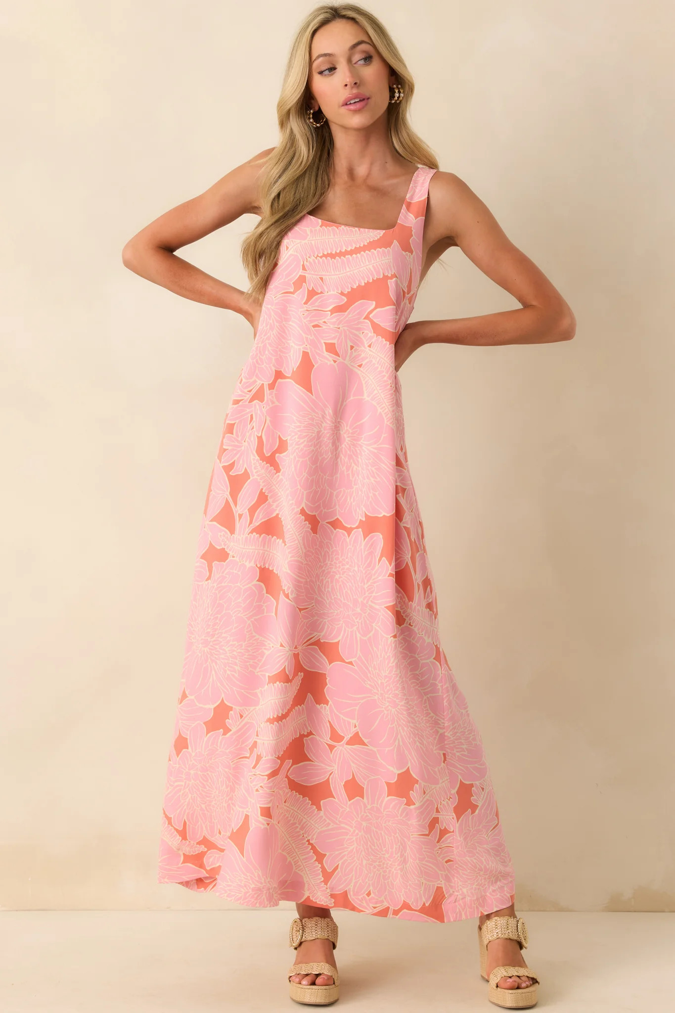 The Perfect Moment Pink Coral Rayon Floral Print Maxi Dress | Red Dress