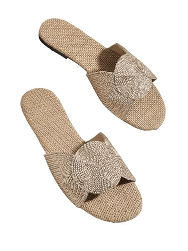 OYOANGLE Women's Round Decor Open Toe Flat Sandals Solid Casual Summer Outdoor Boho Beach Slides Khaki 9.5 | Amazon (US)