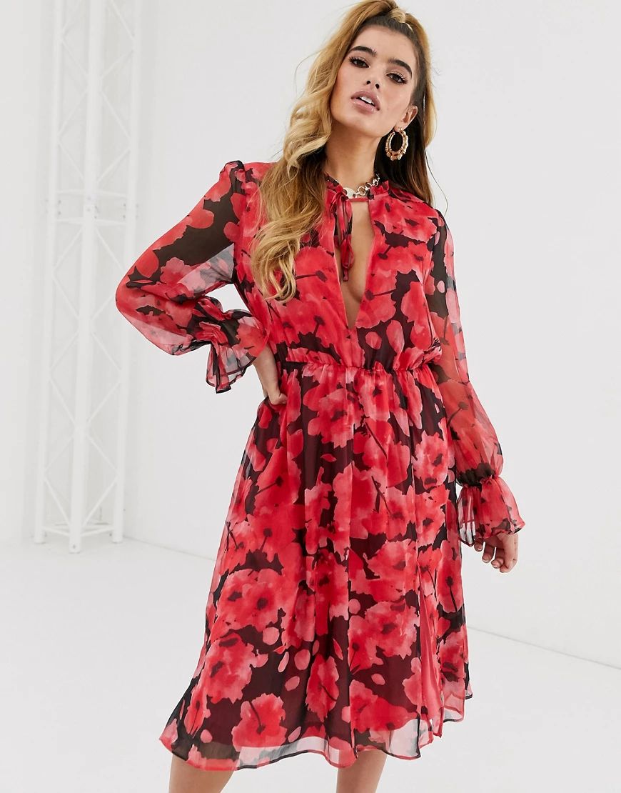 Missguided midi smock dress with tie front in red floral | ASOS (Global)