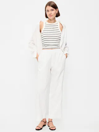 High-Waisted Linen-Blend Straight Ankle Pants | Old Navy (US)