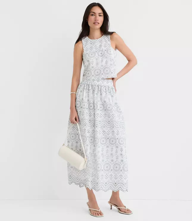 Petite Scalloped Eyelet Poplin Midi Skirt | LOFT