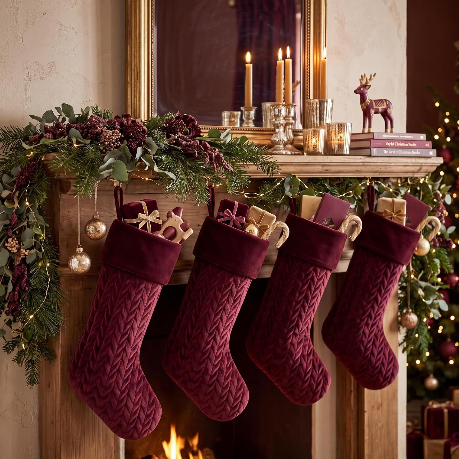 4 Pcs Burgundy Red Velvet Christmas Stockings with Knitted Cable Texture | Amazon (US)
