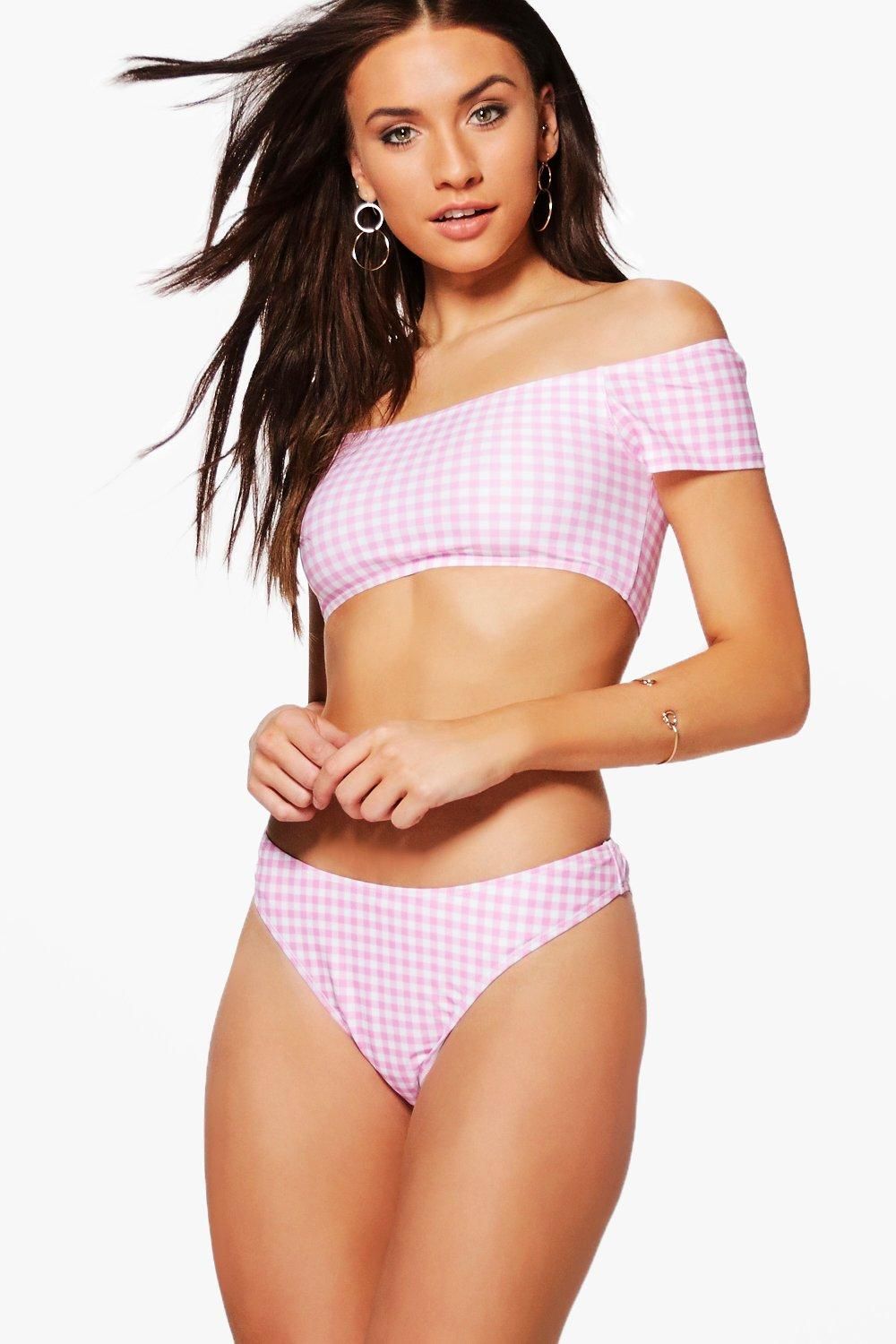 Hawaii Gingham Bardot High Leg Bikini pink | Boohoo.com (US & CA)