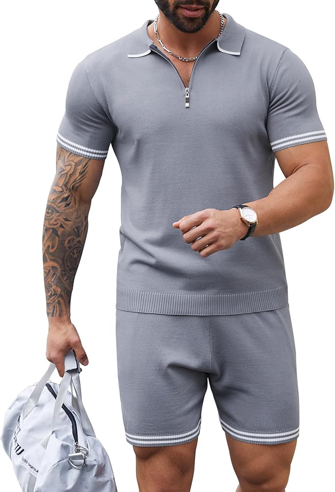 Men's Polo Shirt and Shorts Set Knit 2 Piece Outfits Casual 1/4 Zip Short Sleeve Tracksuit Set 20... | Amazon (US)