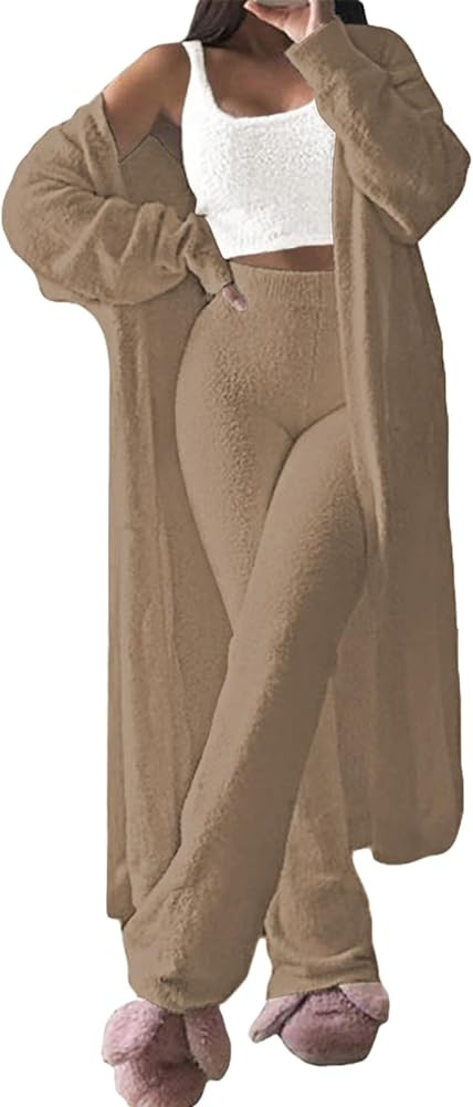 Fixmatti Women's Fuzzy 3 Piece Sweatsuit Open Front Cardigan Crop Tank Tops Wide Legs Pants Loung... | Amazon (US)