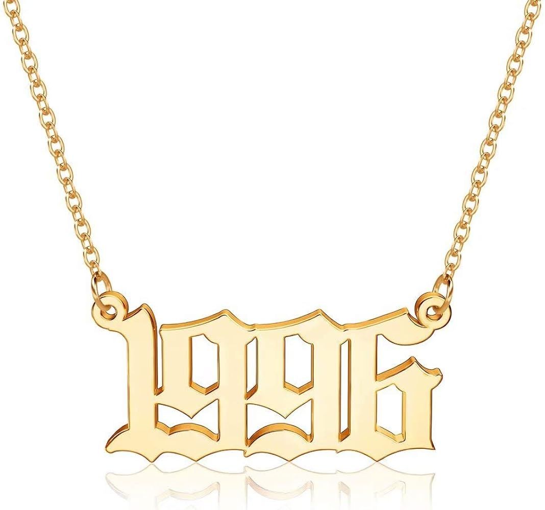 M MOOHAM Birth Year Necklace for Women, 18K Gold Plated Old English Birth Year Number Pendant Neckla | Amazon (US)